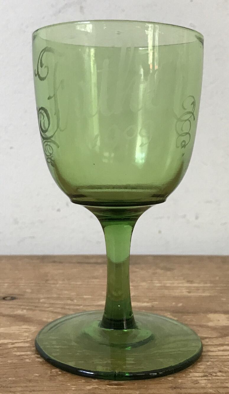 Vtg 1909 Father Antique Engraved Green Glass Decorative Cordial Wine Glass 4.5"